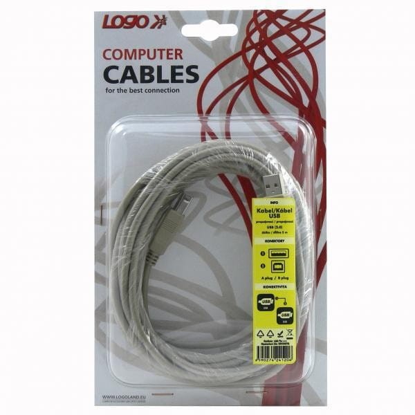 Kabel USB (2.0), USB A M- USB B M, 5m, szary, Logo, blistr