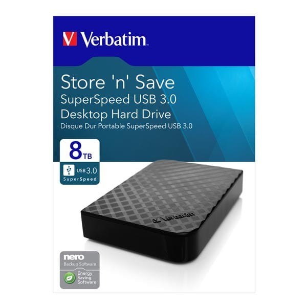 Verbatim zewnętrzny dysk twardy, Store N Save, 3.5", USB 3.0 (3.2 Gen 1), 8TB, 47687, czarny