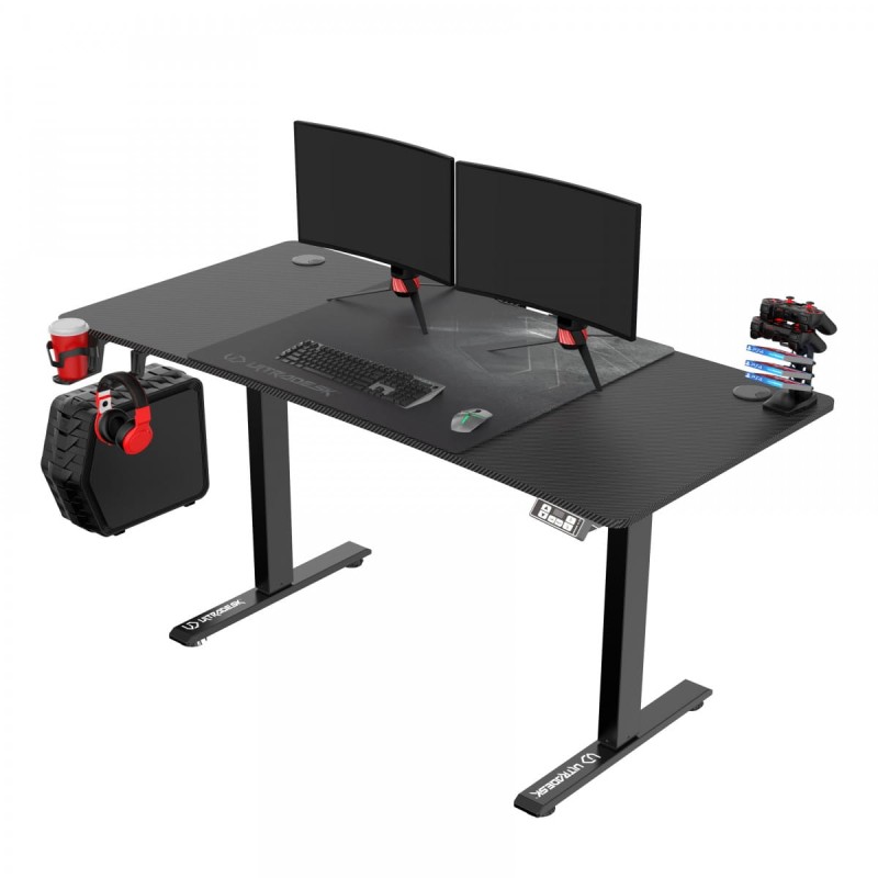 ULTRADESK Biurko dla gracza LEVEL V2, 140x68cm, 72-117cm, elektycznie regulowany, z podkładką pod mysz XXL, uchwyt na słuchawki i