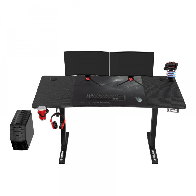 ULTRADESK Biurko dla gracza LEVEL V2, 140x68cm, 72-117cm, elektycznie regulowany, z podkładką pod mysz XXL, uchwyt na słuchawki i