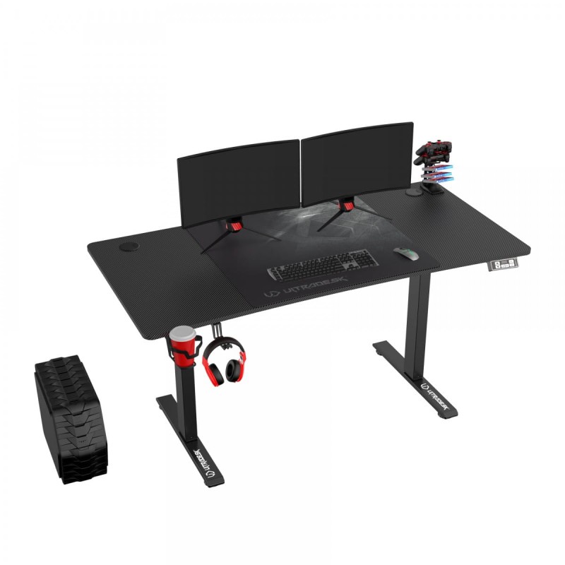 ULTRADESK Biurko dla gracza LEVEL V2, 140x68cm, 72-117cm, elektycznie regulowany, z podkładką pod mysz XXL, uchwyt na słuchawki i
