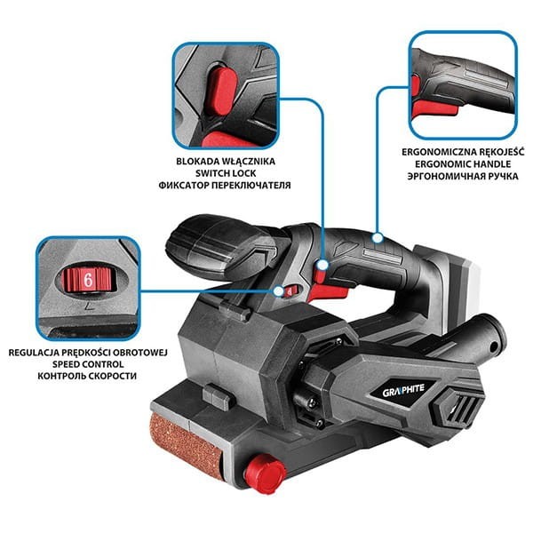 Szlifierka taśmowa zasilanie akumulatorem, Li-Ion, ergonomiczna, GRAPHITE