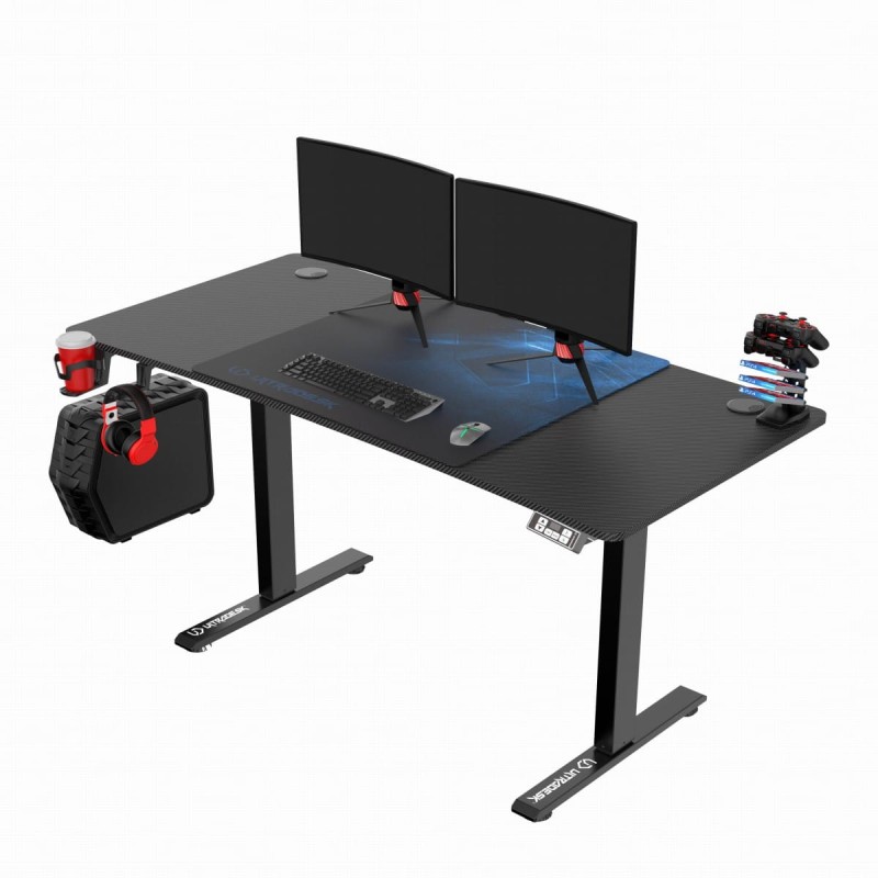 ULTRADESK Biurko dla gracza LEVEL V2 BLUE, 140x68cm, 72-117cm, elektycznie regulowany, z podkładką pod mysz XXL, uchwyt na słuchaw