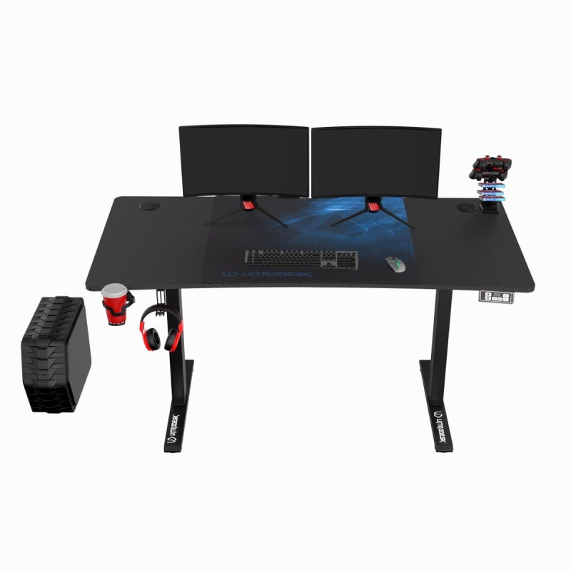 ULTRADESK Biurko dla gracza LEVEL V2 BLUE, 140x68cm, 72-117cm, elektycznie regulowany, z podkładką pod mysz XXL, uchwyt na słuchaw