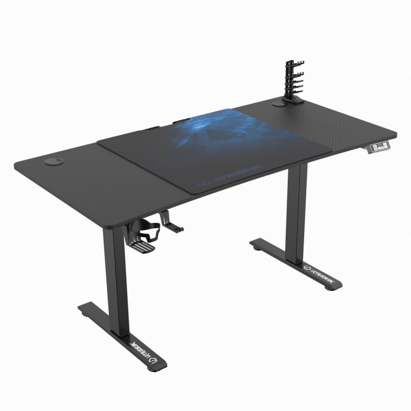 ULTRADESK Biurko dla gracza LEVEL V2 BLUE, 140x68cm, 72-117cm, elektycznie regulowany, z podkładką pod mysz XXL, uchwyt na słuchaw