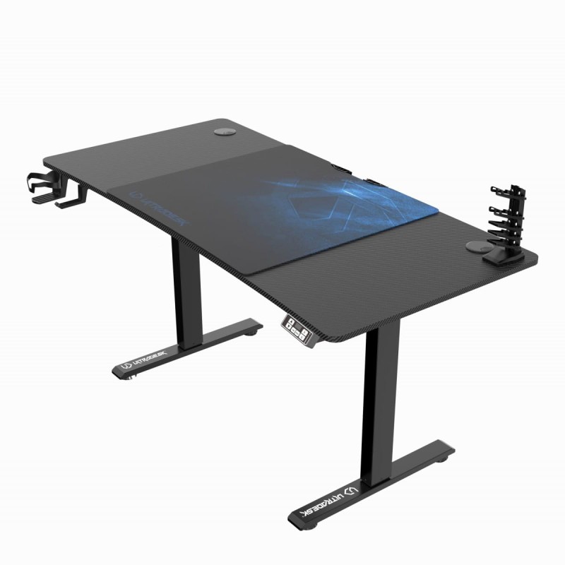ULTRADESK Biurko dla gracza LEVEL V2 BLUE, 140x68cm, 72-117cm, elektycznie regulowany, z podkładką pod mysz XXL, uchwyt na słuchaw