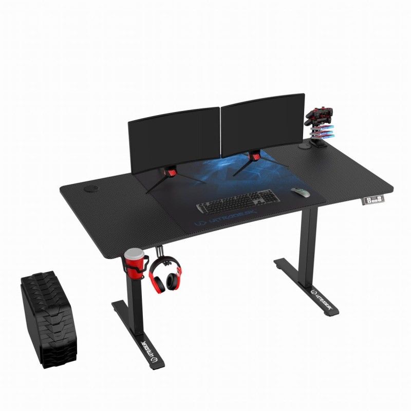 ULTRADESK Biurko dla gracza LEVEL V2 BLUE, 140x68cm, 72-117cm, elektycznie regulowany, z podkładką pod mysz XXL, uchwyt na słuchaw