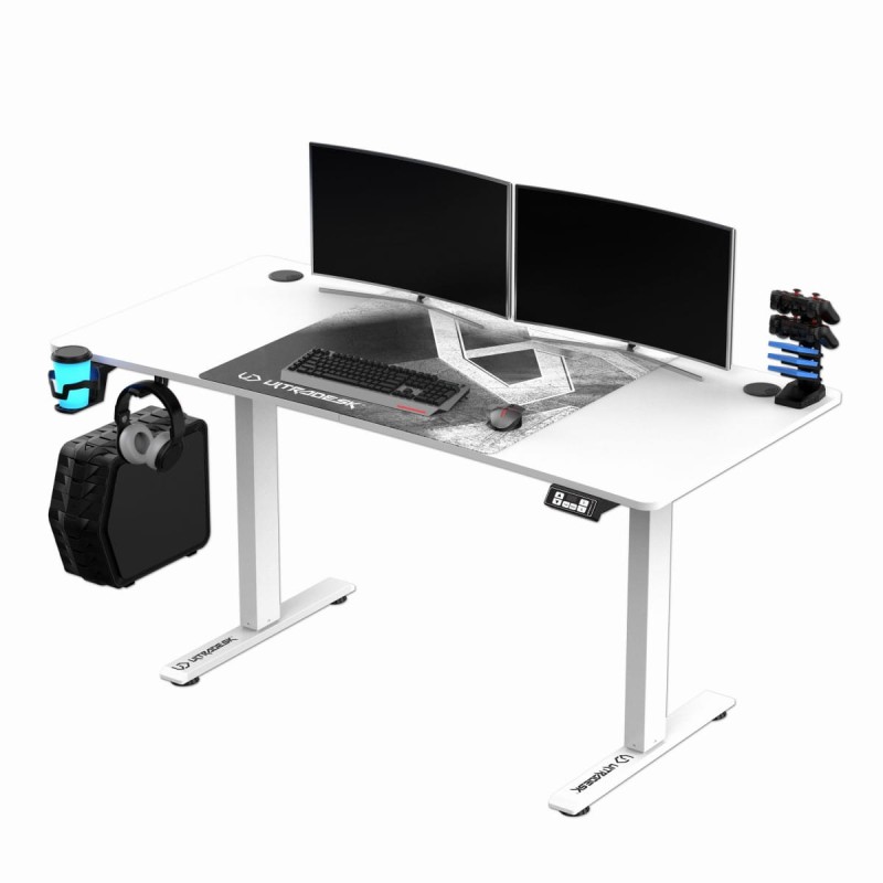 ULTRADESK Biurko dla gracza LEVEL V2 WHITE, 140x68cm, 72-117cm, elektycznie regulowany, z podkładką pod mysz XXL, uchwyt na słucha