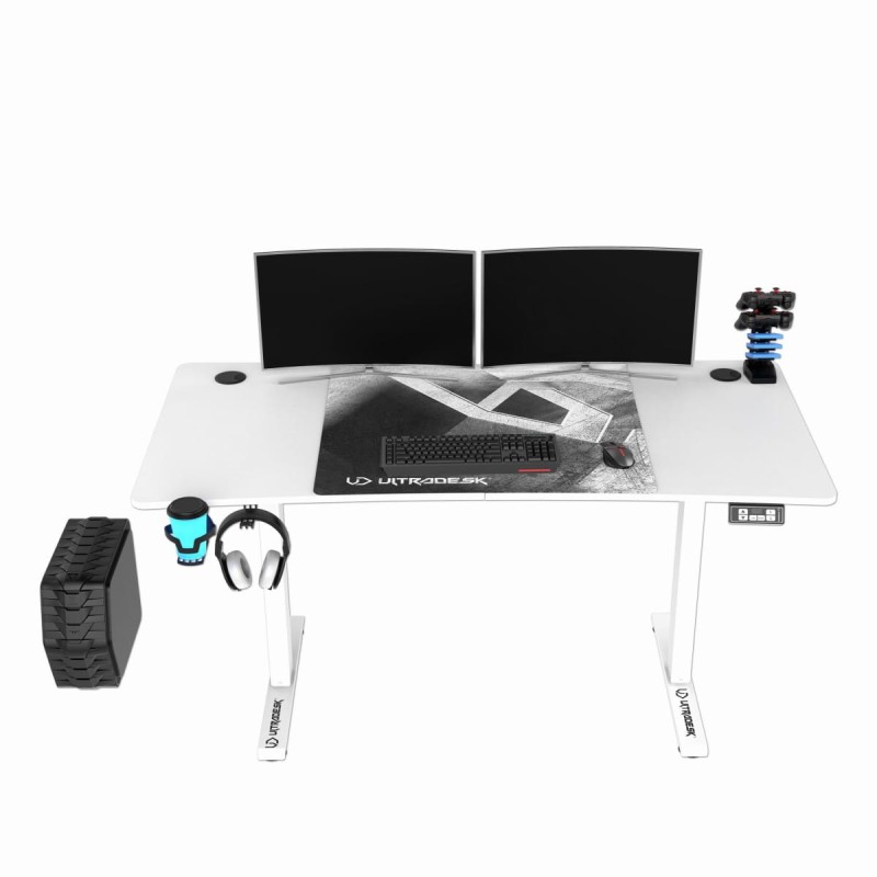 ULTRADESK Biurko dla gracza LEVEL V2 WHITE, 140x68cm, 72-117cm, elektycznie regulowany, z podkładką pod mysz XXL, uchwyt na słucha