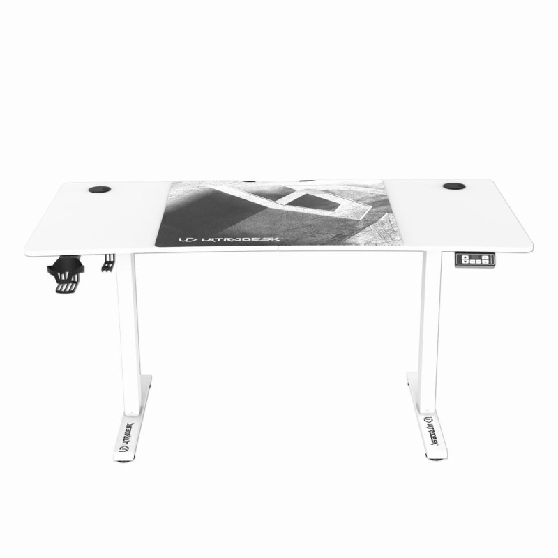 ULTRADESK Biurko dla gracza LEVEL V2 WHITE, 140x68cm, 72-117cm, elektycznie regulowany, z podkładką pod mysz XXL, uchwyt na słucha
