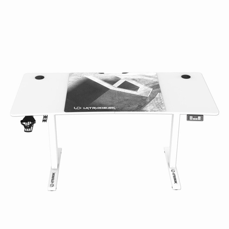 ULTRADESK Biurko dla gracza LEVEL V2 WHITE, 140x68cm, 72-117cm, elektycznie regulowany, z podkładką pod mysz XXL, uchwyt na słucha