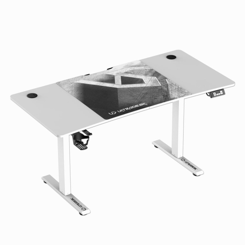ULTRADESK Biurko dla gracza LEVEL V2 WHITE, 140x68cm, 72-117cm, elektycznie regulowany, z podkładką pod mysz XXL, uchwyt na słucha