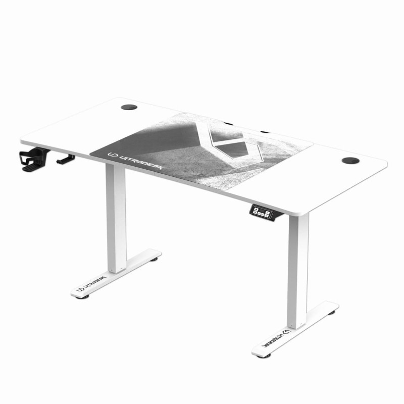 ULTRADESK Biurko dla gracza LEVEL V2 WHITE, 140x68cm, 72-117cm, elektycznie regulowany, z podkładką pod mysz XXL, uchwyt na słucha