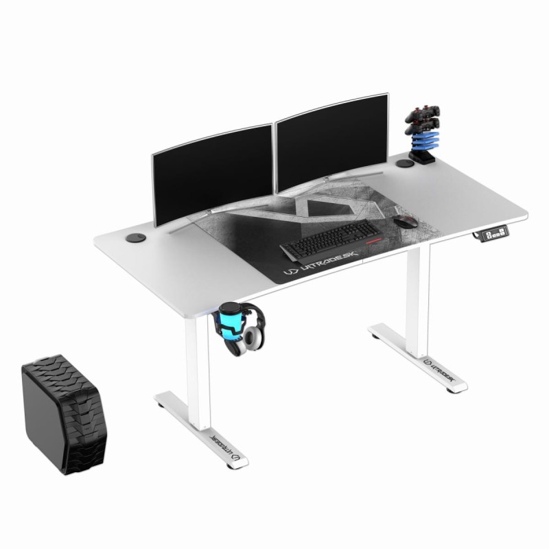 ULTRADESK Biurko dla gracza LEVEL V2 WHITE, 140x68cm, 72-117cm, elektycznie regulowany, z podkładką pod mysz XXL, uchwyt na słucha