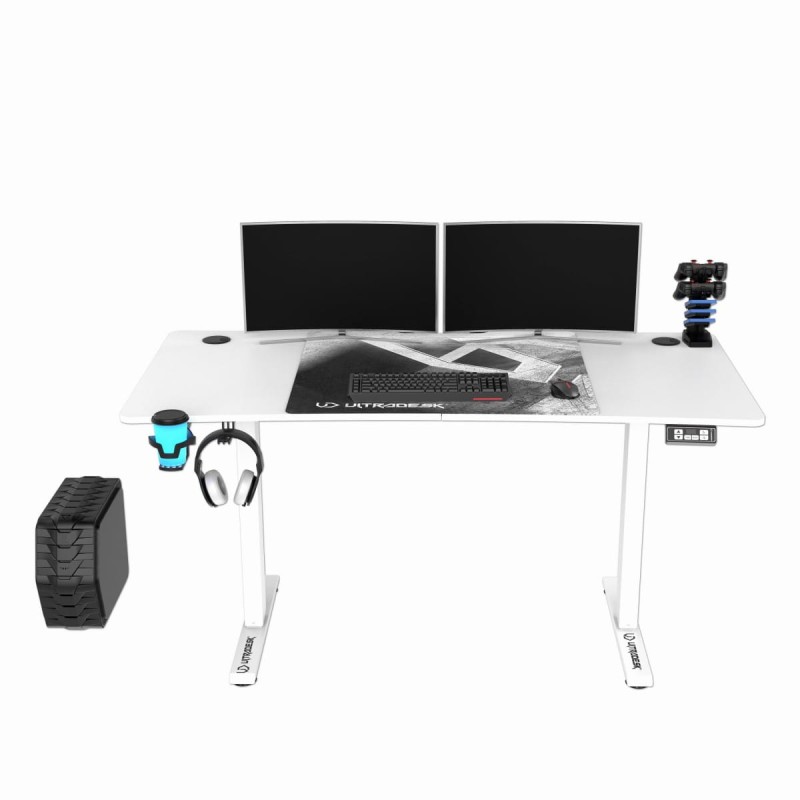 ULTRADESK Biurko dla gracza LEVEL V2 WHITE, 140x68cm, 72-117cm, elektycznie regulowany, z podkładką pod mysz XXL, uchwyt na słucha