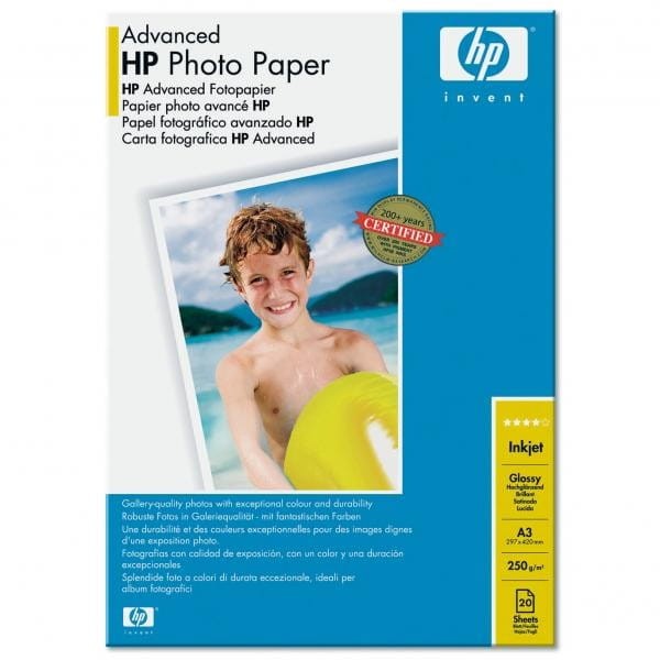 HP Advanced Glossy Photo Pa, foto papier, połysk, zaawansowany typ biały, A3, 250 g/m2, 20 szt., Q8697A, atrament