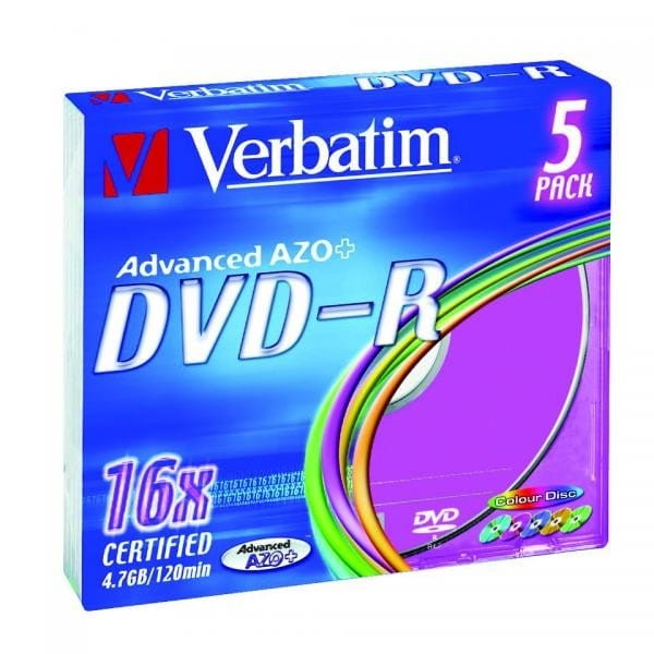 Verbatim DVD-R, Colour, 43557, 4.7GB, 16x, slim box, 5-pack, bez możliwości nadruku, 12cm, do archiwizacji danych