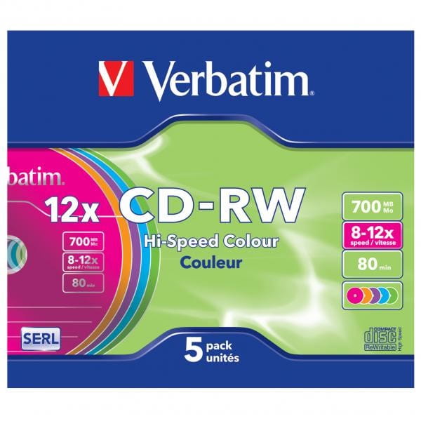 Verbatim CD-RW, 43167, SERL High-Speed Colour, 5-pack, 700MB, 12x, 80min., 12cm, bez możliwości nadruku, slim box, do archiwizacji