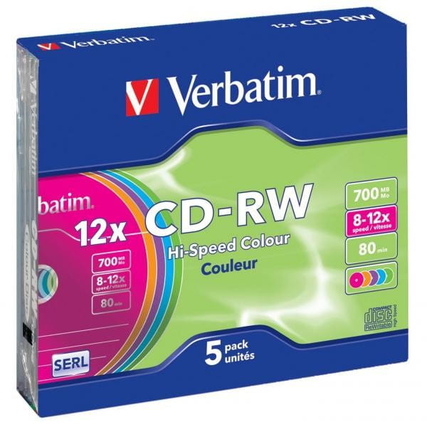Verbatim CD-RW, 43167, SERL High-Speed Colour, 5-pack, 700MB, 12x, 80min., 12cm, bez możliwości nadruku, slim box, do archiwizacji
