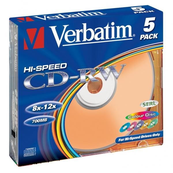 Verbatim CD-RW, 43167, SERL High-Speed Colour, 5-pack, 700MB, 12x, 80min., 12cm, bez możliwości nadruku, slim box, do archiwizacji