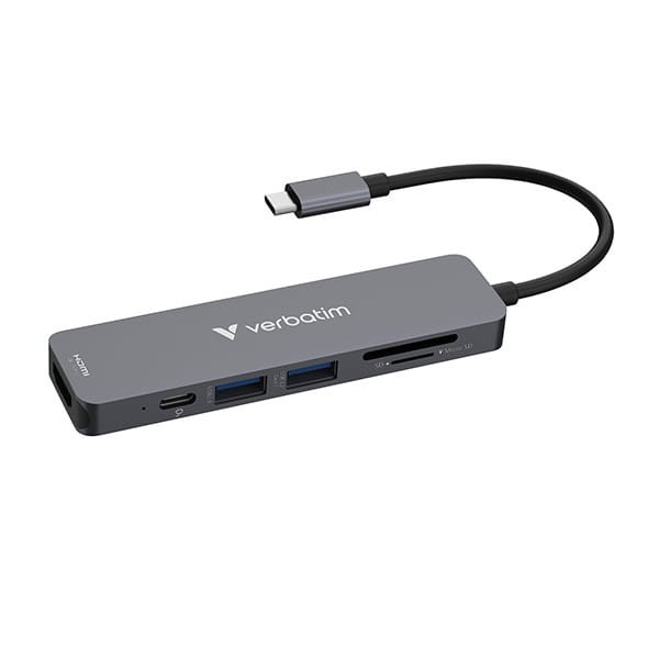 USB-C Hub wieloportowy 6-port, 32156, szary, długość kabla 18 cm, Verbatim, USB-C PD, USB-A 3.2 Gen 1, USB-A 2.0, SD a microSD