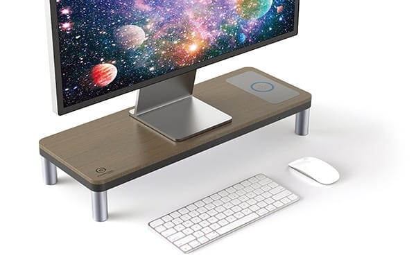 Podstawa pod monitor, stacja dokująca i ładowarka bezprzewodowa, miejsce na klawiaturę, szary + dekor z ciemnego drewna, metal/ tw