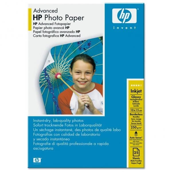 HP Advanced Glossy Photo Pa, foto papier, bez marginesu typ połysk, zaawansowany typ biały, 10x15cm, 4x6", 250 g/m2, 25 szt., Q869