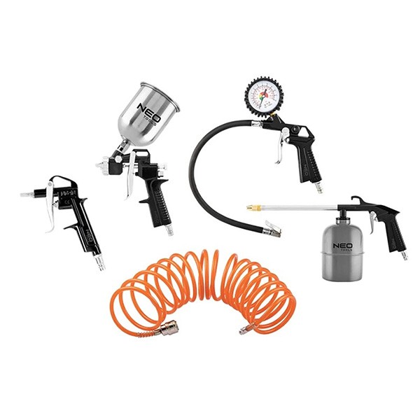 Zestaw lakierniczy 5 elem.14-699, 216 szt, pistolet do pompowania opon z manometrem, NEO TOOLS