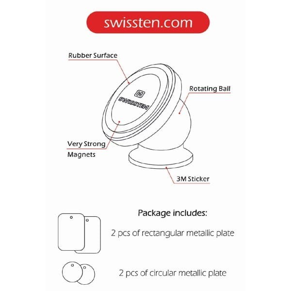 Uchwyt magnetyczny do telefonu lub GPS Swissten do samochodu, czarny, plastikowy, przegłubowy, czarna, telefon