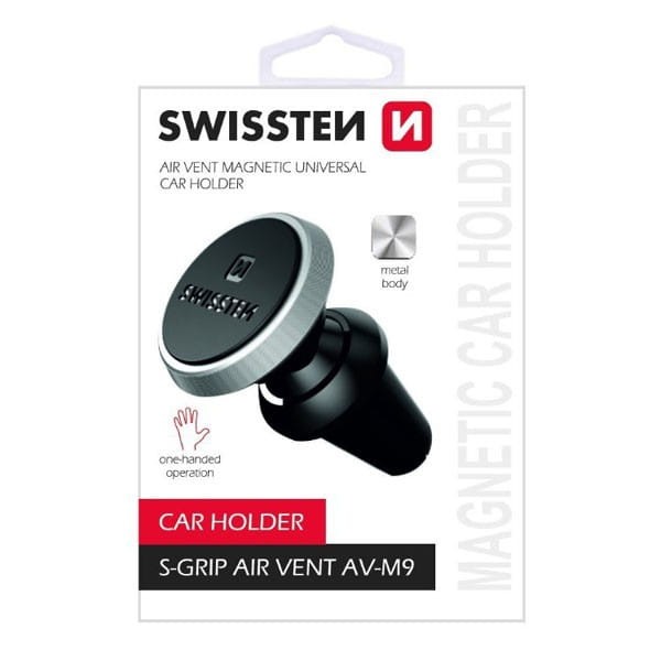 Uchwyt magnetyczny do telefonu lub GPS Swissten do samochodu, S-Grip AV-M9, czarno-srebrny, metal, na kratkę wentylacyjną, czarno-