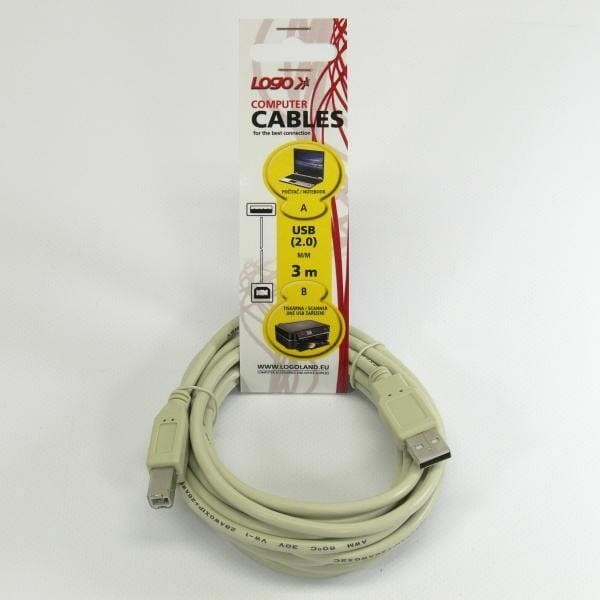 Kabel USB (2.0), USB A M- USB B M, 3m, szary, Logo