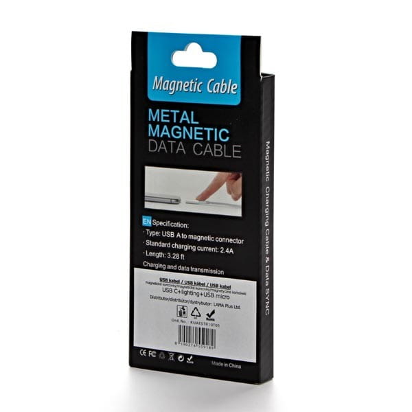 Magnetyczny klabel USB (2.0), USB A M- magnetické koncovky (typ C+lightning+microUSB), 1m, przewód okrągły w oplocie, srebrny