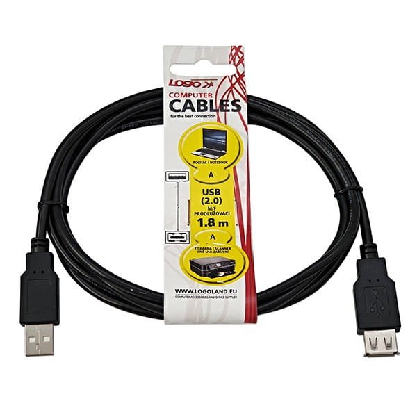 Kabel USB (2.0), USB A M- USB A F, 1.8m, czarny, Logo