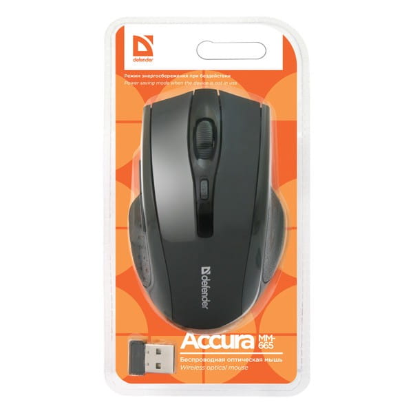 Defender Mysz Accura MM-665, 1600DPI, 2.4 [GHz], optyczna, 6kl., 1 scroll, bezprzewodowa, czarna, 2 szt AAA, nano-odbiornik, zasię
