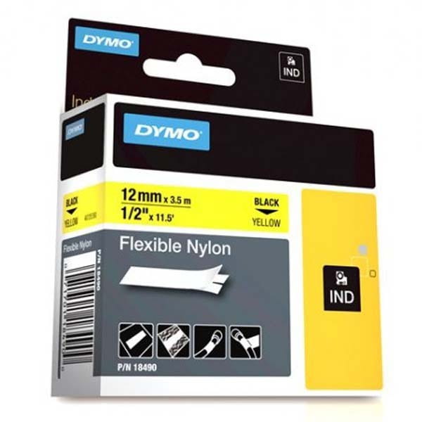 Dymo oryginalny taśma do drukarek etykiet, Dymo, 18490, czarny druk/żółty podkład, 3.5m, 12mm, Elastyczny nylon do produktów RHINO