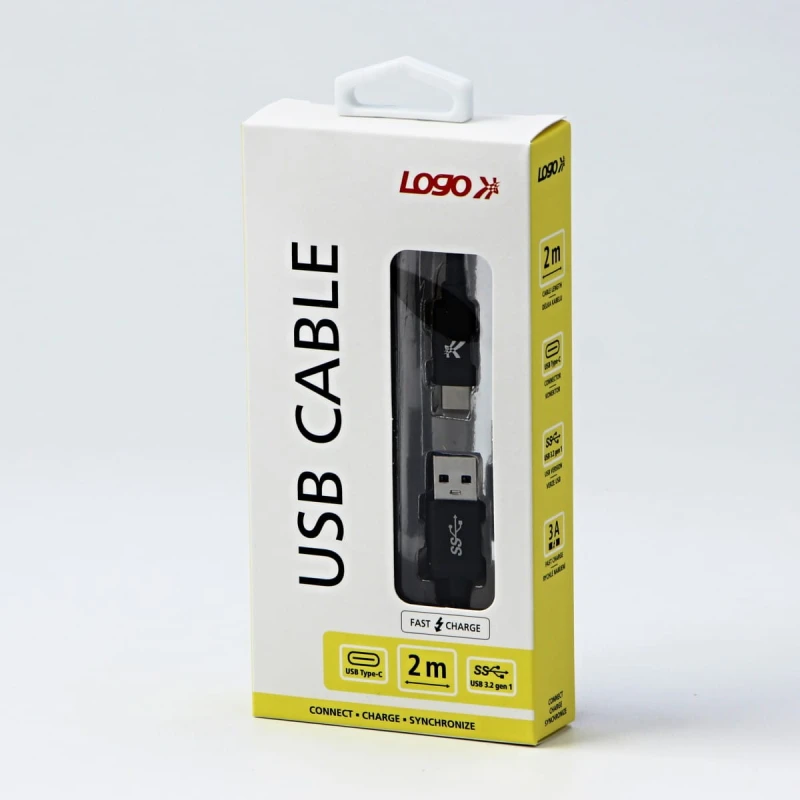 Kabel USB (3.2 gen 1), USB A M- USB C M, 2m, 5 Gb/s, 5V/3A, czarny, Logo, box, oplot nylonowy, aluminiowa osłona złącza