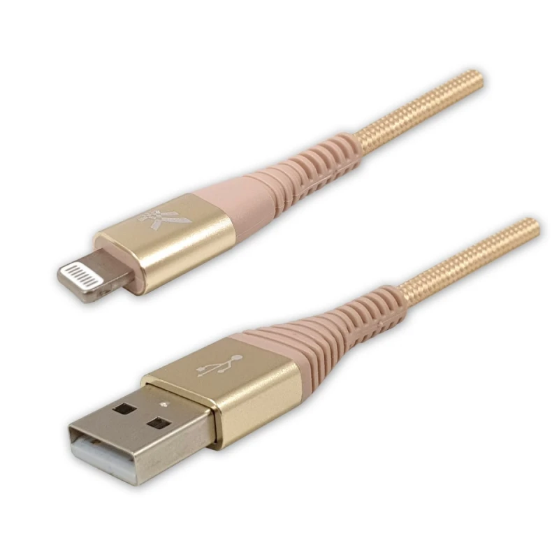 Kabel USB (2.0), USB A M- Apple Lightning M, 1m, MFi certifikat, 5V/2,4A, złoty, Logo, box, oplot nylonowy, aluminiowa osłona złąc