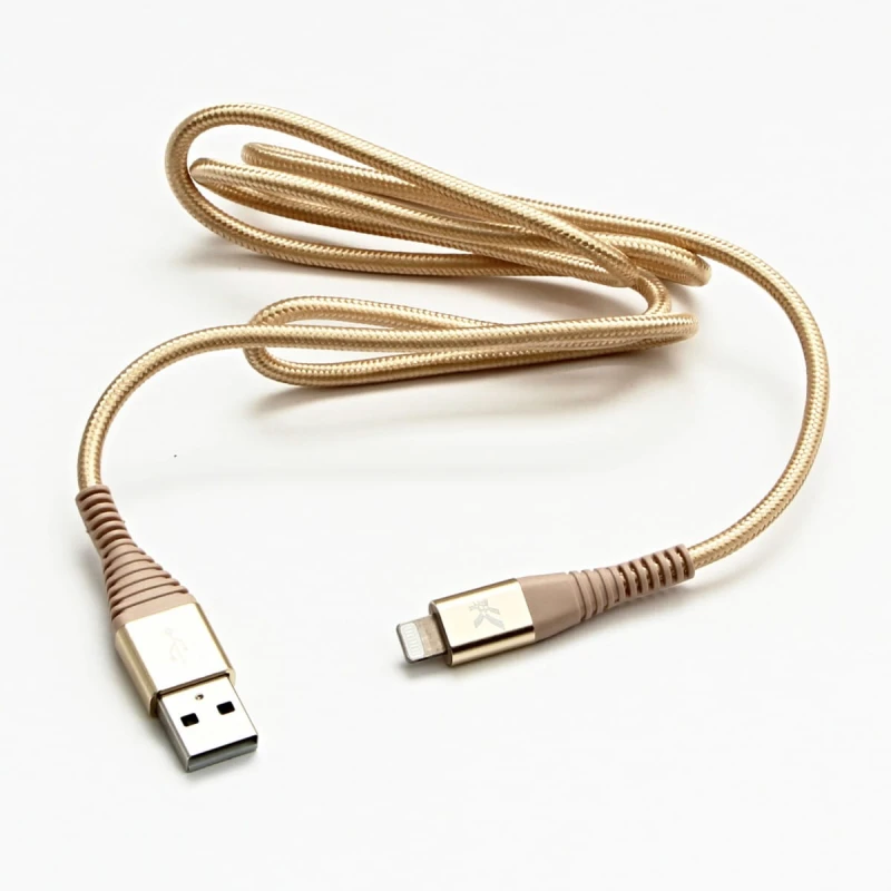 Kabel USB (2.0), USB A M- Apple Lightning M, 1m, MFi certifikat, 5V/2,4A, złoty, Logo, box, oplot nylonowy, aluminiowa osłona złąc