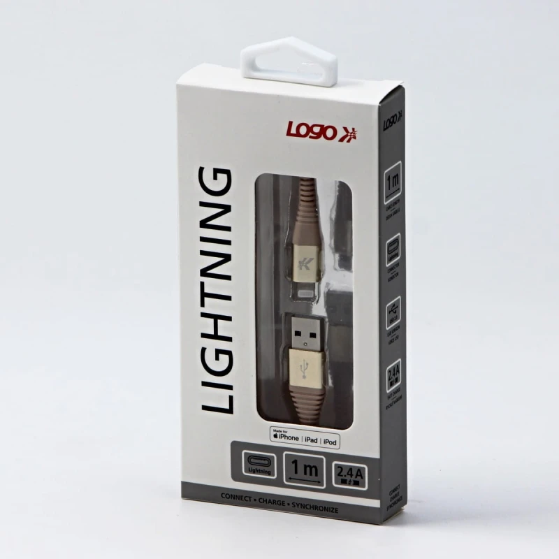 Kabel USB (2.0), USB A M- Apple Lightning M, 1m, MFi certifikat, 5V/2,4A, złoty, Logo, box, oplot nylonowy, aluminiowa osłona złąc