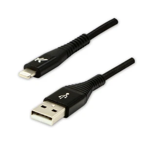Logo USB kabel (2.0), USB A M - Apple Lightning M, 2m, MFi certifikat, 5V/2,4A, czarny, box, oplot nylonowy, aluminiowa osłona złą