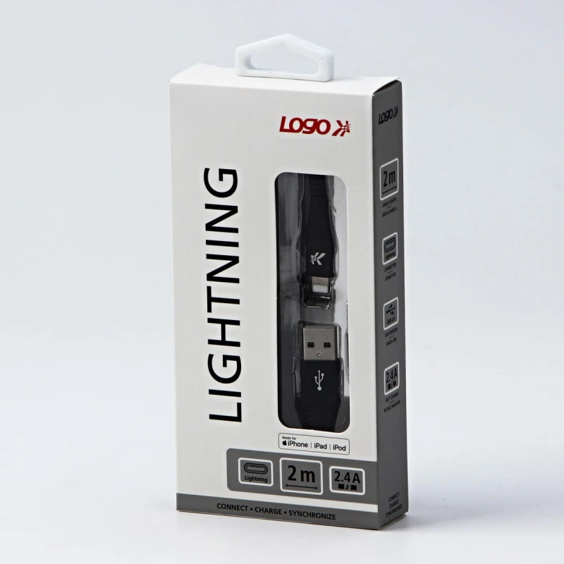 Kabel USB (2.0), USB A M- Apple Lightning M, 2m, MFi certifikat, 5V/2,4A, czarny, Logo, box, oplot nylonowy, aluminiowa osłona złą