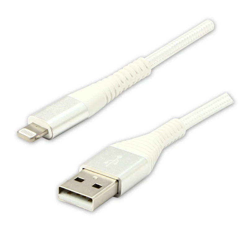 Kabel USB (2.0), USB A M- Apple Lightning M, 2m, MFi certifikat, 5V/2,4A, biały, Logo, box, oplot nylonowy, aluminiowa osłona złąc