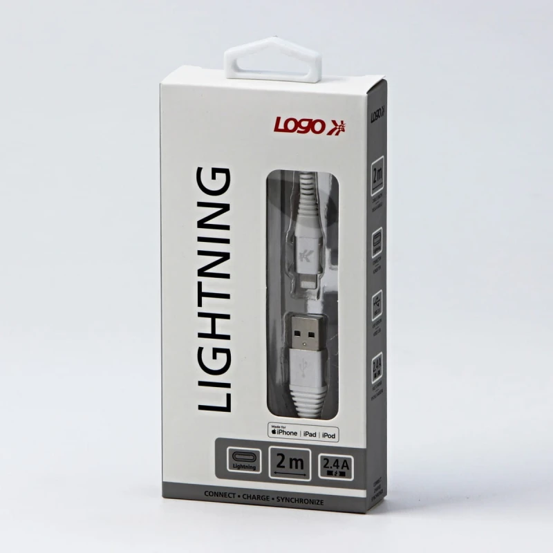 Kabel USB (2.0), USB A M- Apple Lightning M, 2m, MFi certifikat, 5V/2,4A, biały, Logo, box, oplot nylonowy, aluminiowa osłona złąc