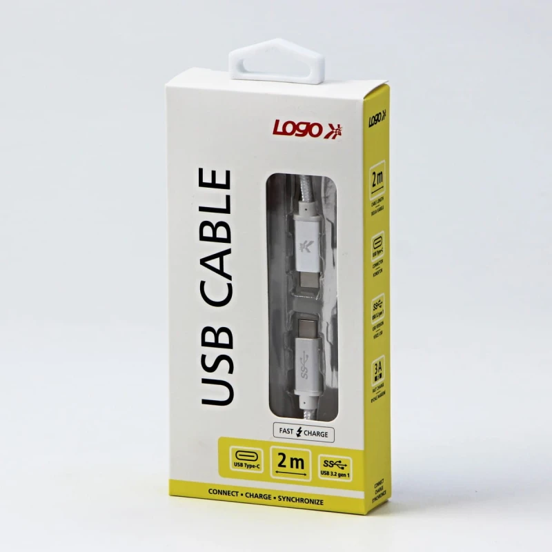 Kabel USB (3.2 gen 1), USB C M- USB C M, 2m, 5 Gb/s, 5V/3A, biały, Logo, box, oplot nylonowy, aluminiowa osłona złącza