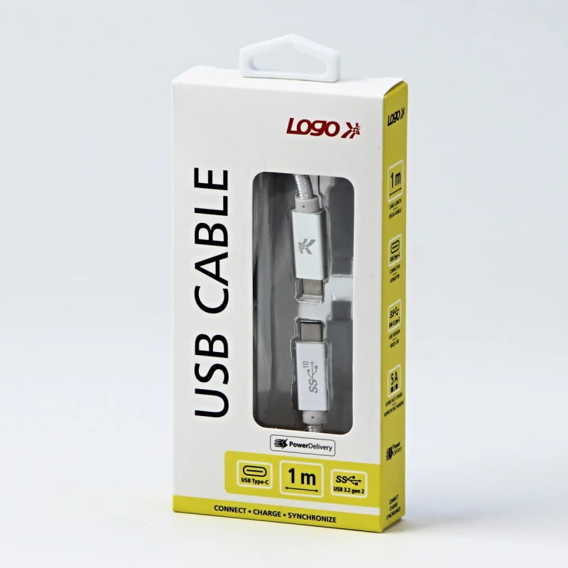 Kabel USB (3.2 gen 2), USB C M- USB C M, 1m, Power Delivery 100W, 10 Gb/s, 20V/5A, biały, Logo, box, oplot nylonowy, aluminiowa os