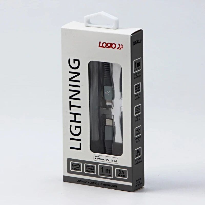Kabel USB (2.0), USB C M- Apple Lightning M, 1m, MFi certifikat, 5V/3A, srebrny, Logo, box, oplot nylonowy, aluminiowa osłona złąc