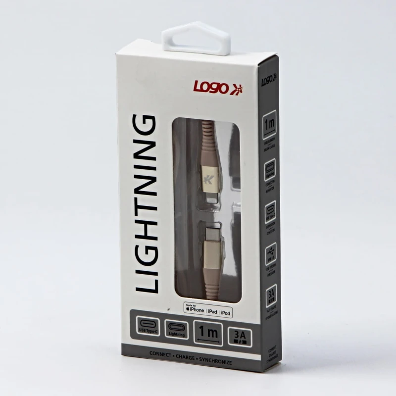 Kabel USB (2.0), USB C M- Apple Lightning M, 1m, MFi certifikat, 5V/3A, złoty, Logo, box, oplot nylonowy, aluminiowa osłona złącza