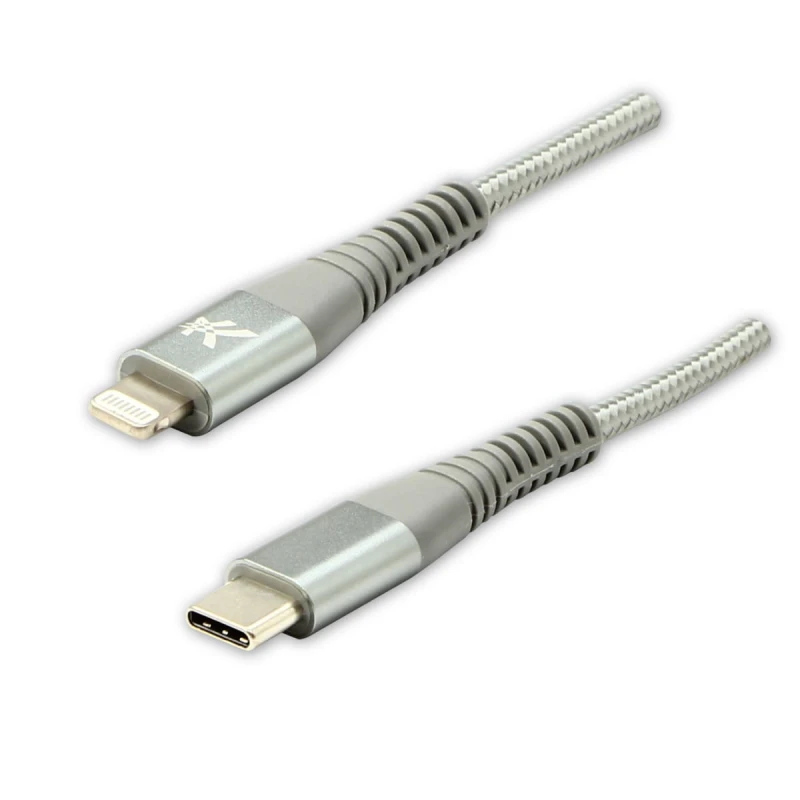Kabel USB (2.0), USB C M- Apple Lightning M, 2m, MFi certifikat, 5V/3A, srebrny, Logo, box, oplot nylonowy, aluminiowa osłona złąc