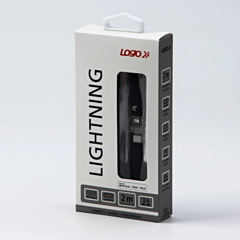 Kabel USB (2.0), USB C M- Apple Lightning M, 2m, MFi certifikat, 5V/3A, czarny, Logo, box, oplot nylonowy, aluminiowa osłona złącz