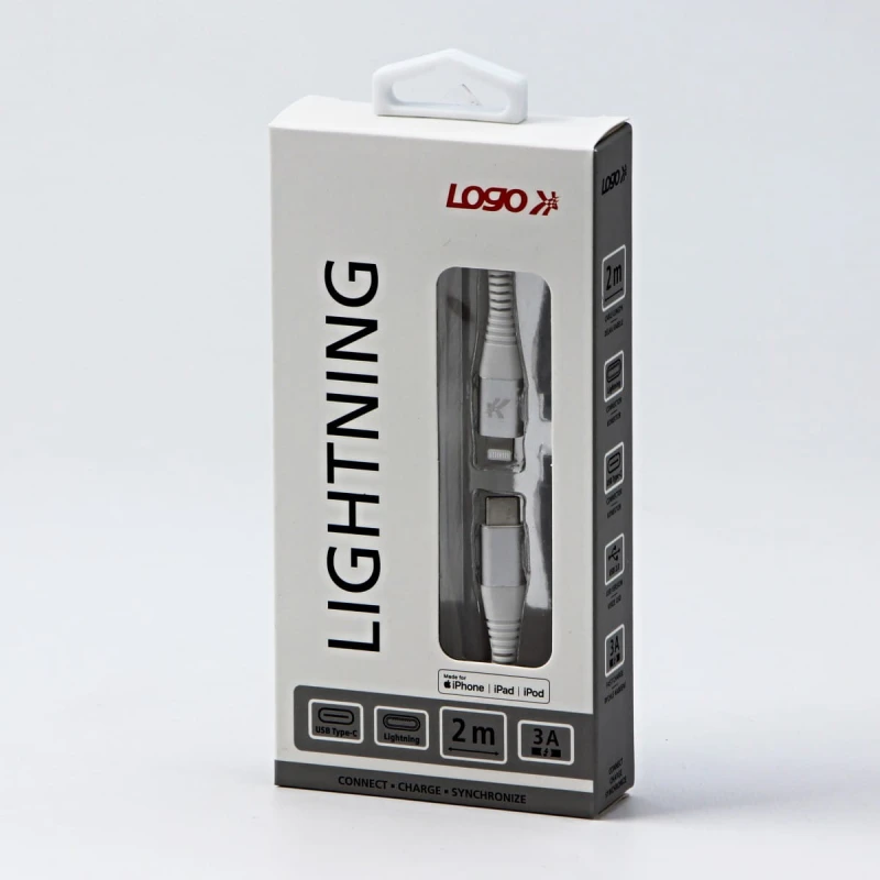 Kabel USB (2.0), USB C M- Apple Lightning M, 2m, MFi certifikat, 5V/3A, biały, Logo, box, oplot nylonowy, aluminiowa osłona złącza